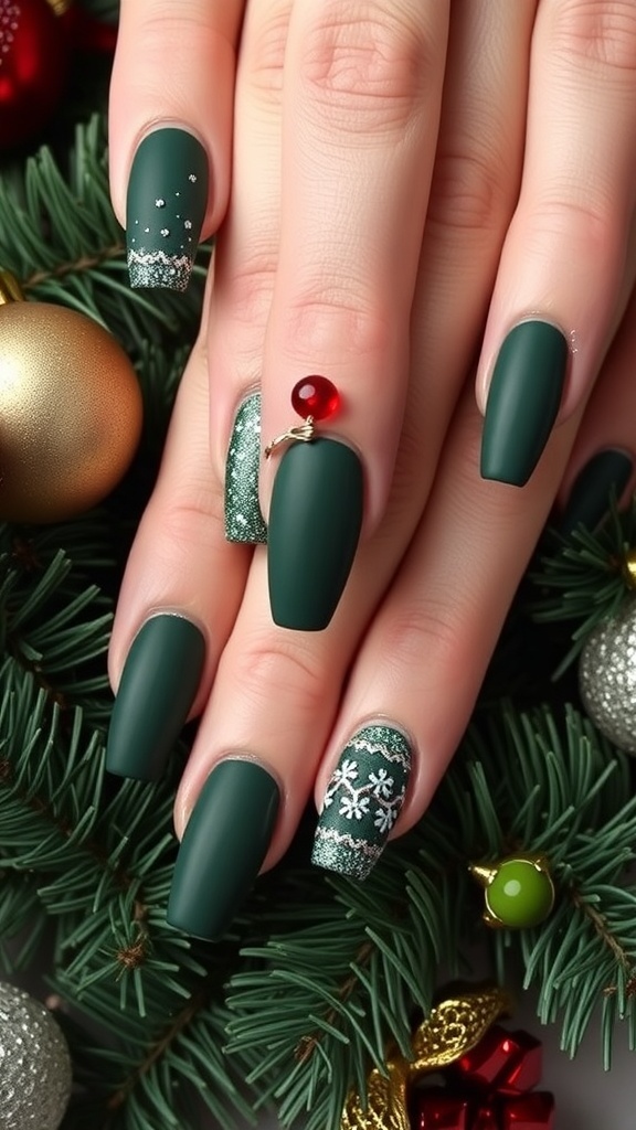 A variety of dark green Christmas nail designs with glitter, matte, and holiday themes on a festive background.